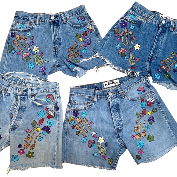 LESLIE HAMEL JEANS HANDPAINTED MUSHROOM VINTAGE LEVIS 501 CUTOFF SHORTS - Picture 8 of 9